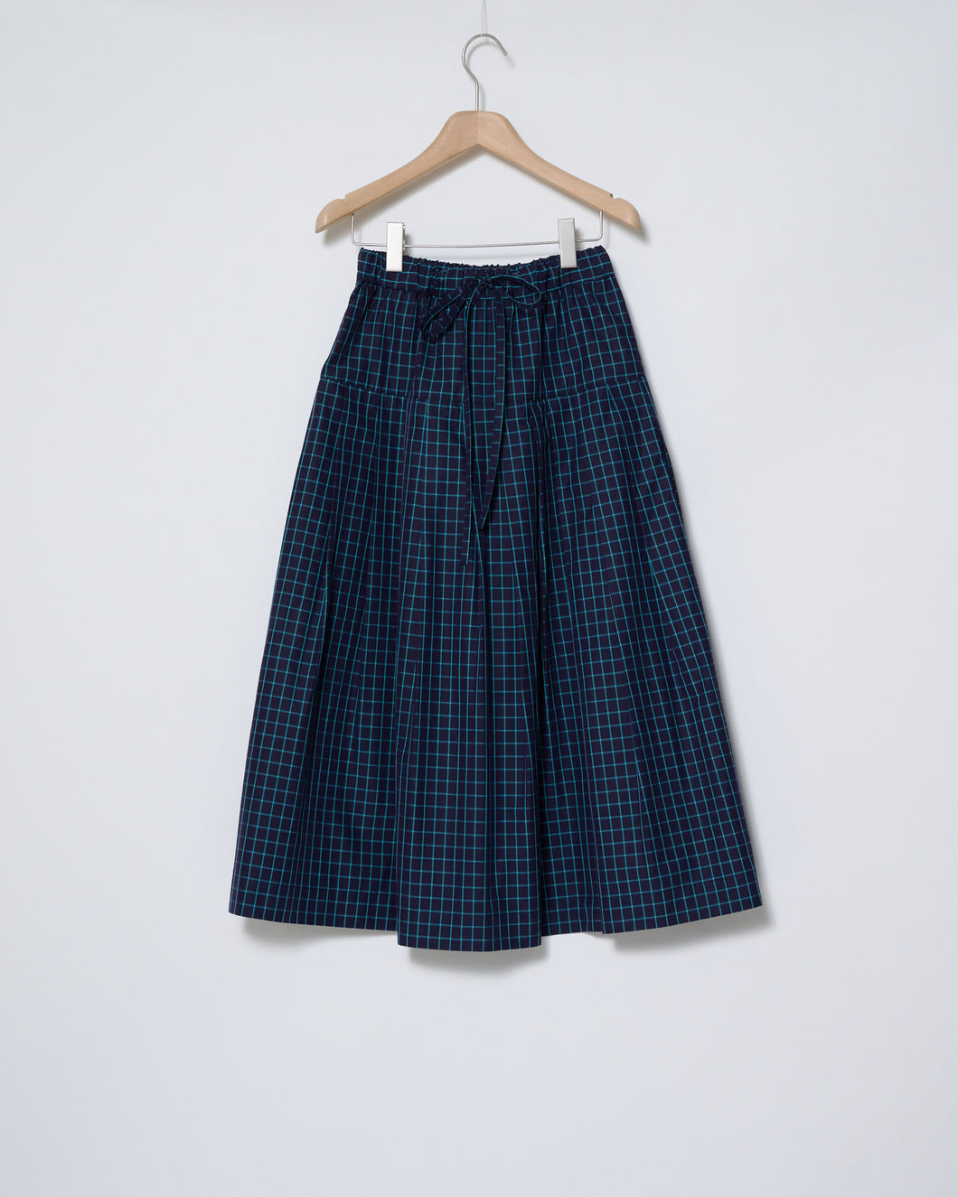 Blue windowpane cotton poplin pleated skirt