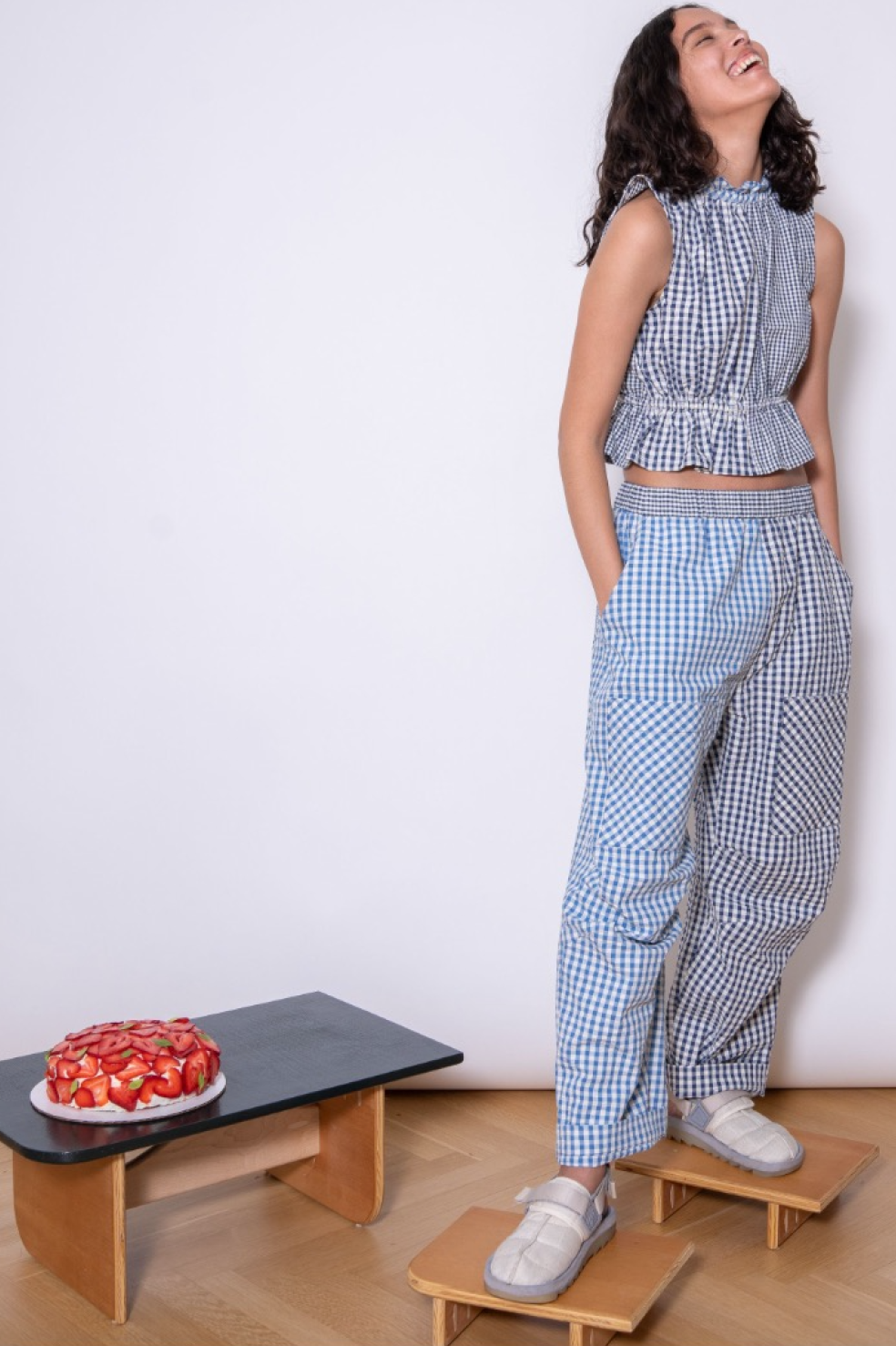 Gingham seersucker patchwork pants